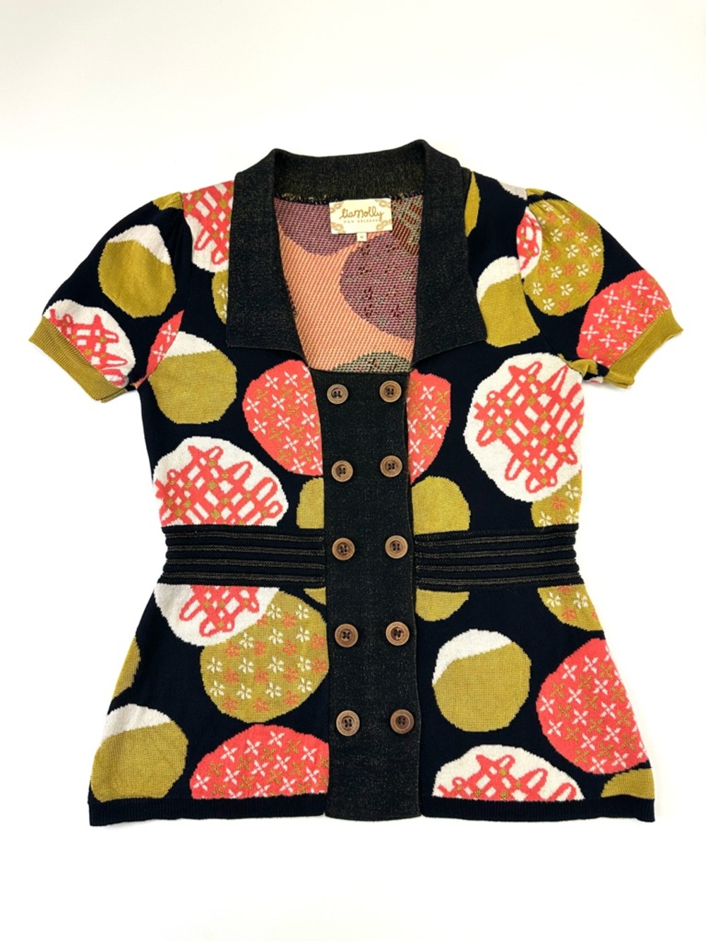 Lia Molly Retro Polka Dot Knit Cardigan Top Mod Short Sleeve Medium Anthro - Picture 11 of 12